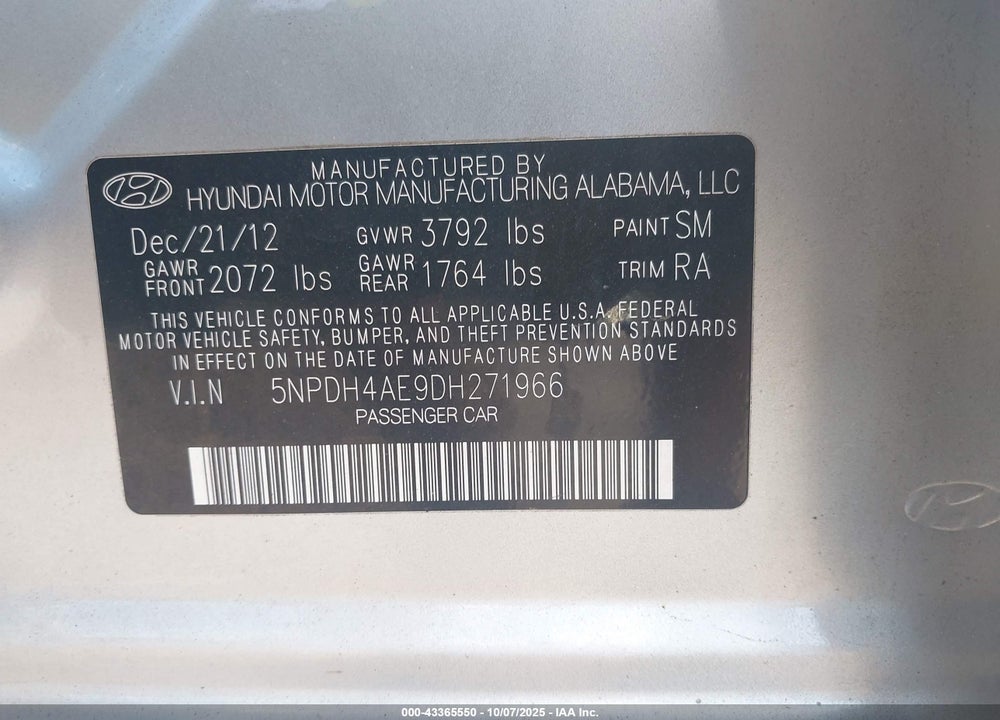 2013 HYUNDAI ELANTRA GLS VIN: 5NPDH4AE9DH271966