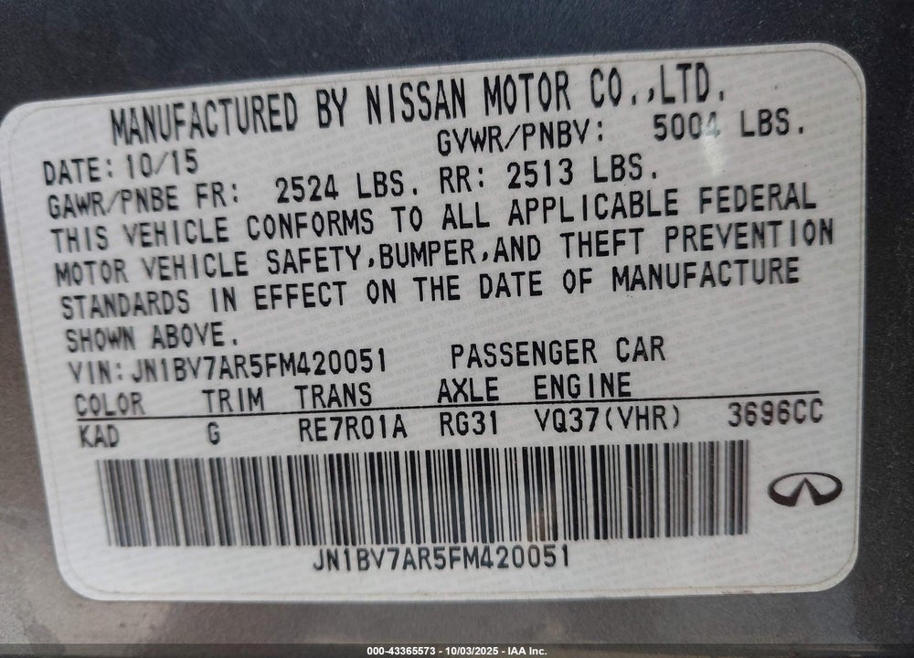 2015 INFINITI Q50 VIN: JN1BV7AR5FM420051