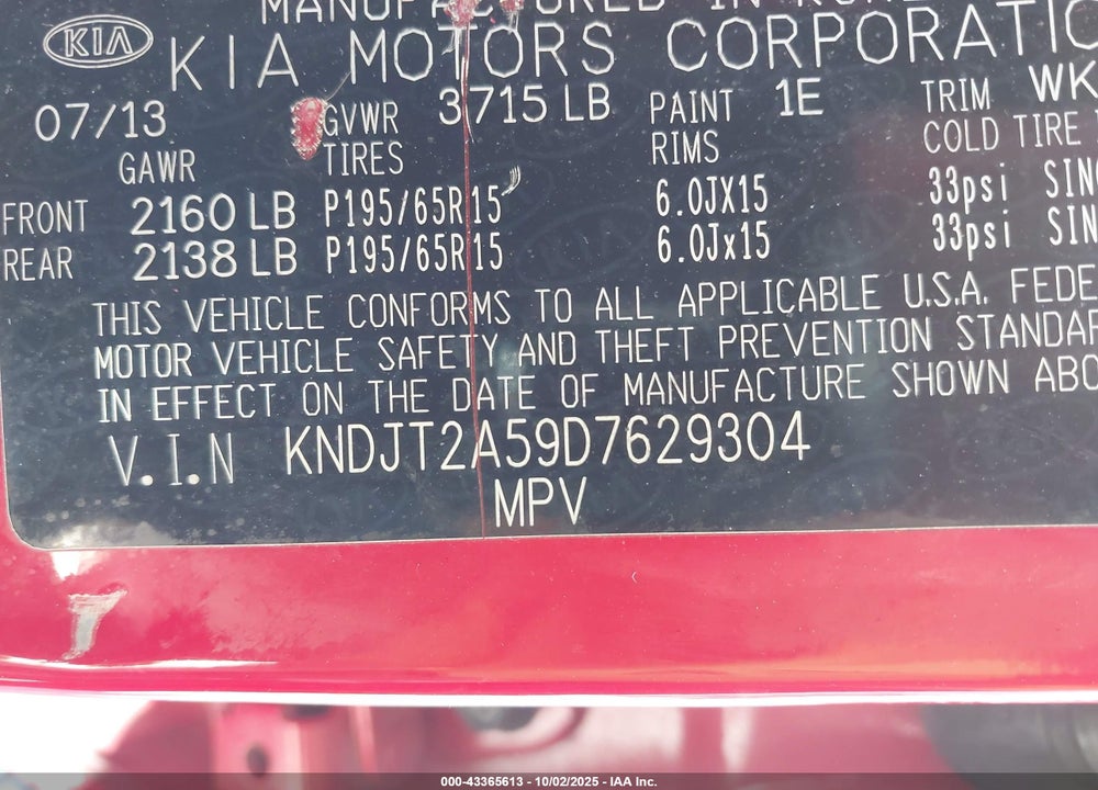 2013 KIA SOUL VIN: KNDJT2A59D7629304