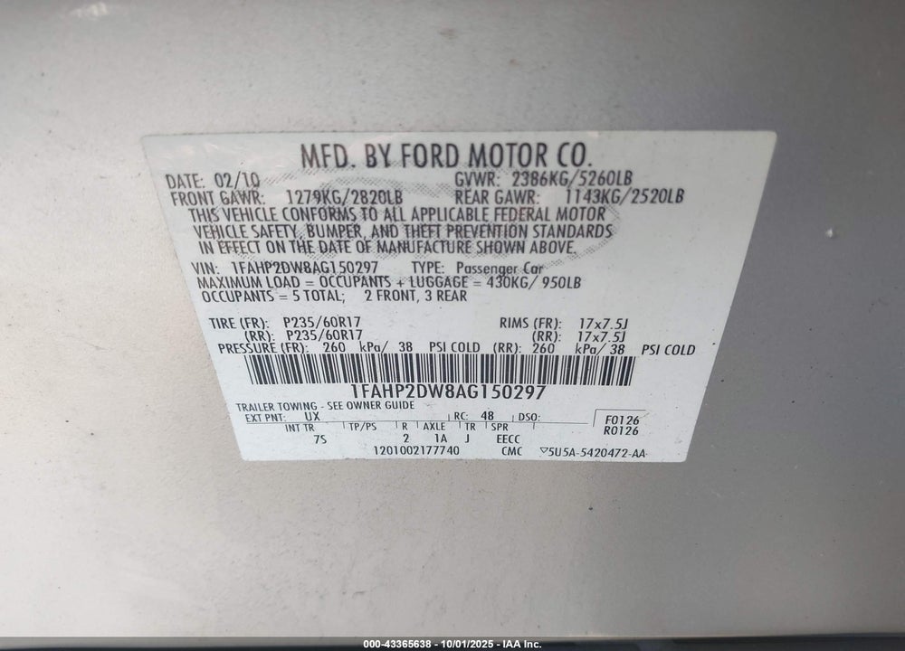 2010 FORD TAURUS VIN: 1FAHP2DW8AG150297