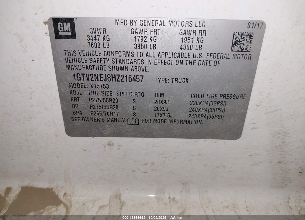 2017 GMC SIERRA 1500 SLT VIN: 1GTV2NEJ8HZ216457