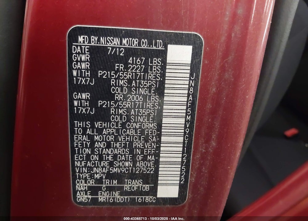 2012 NISSAN JUKE S VIN: JN8AF5MV9CT127522