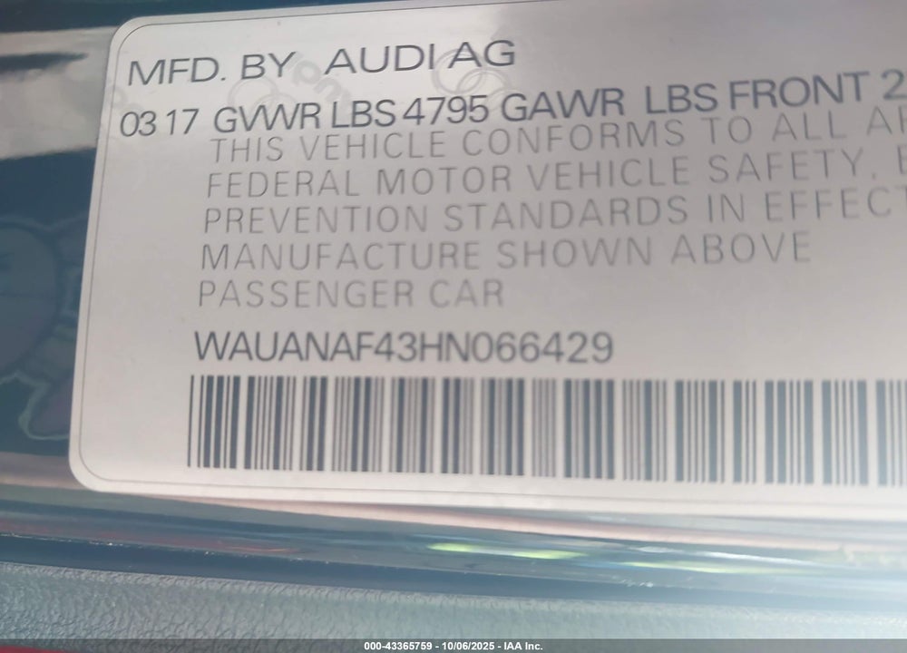 2017 AUDI A4 2.0T PREMIUM VIN: WAUANAF43HN066429