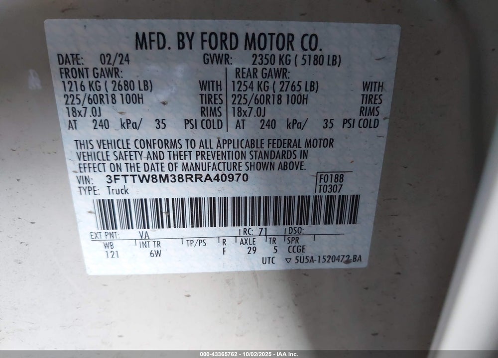 2024 FORD MAVERICK LARIAT VIN: 3FTTW8M38RRA40970