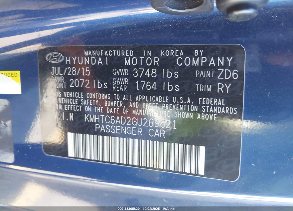 2016 HYUNDAI VELOSTER VIN: KMHTC6AD2GU269821