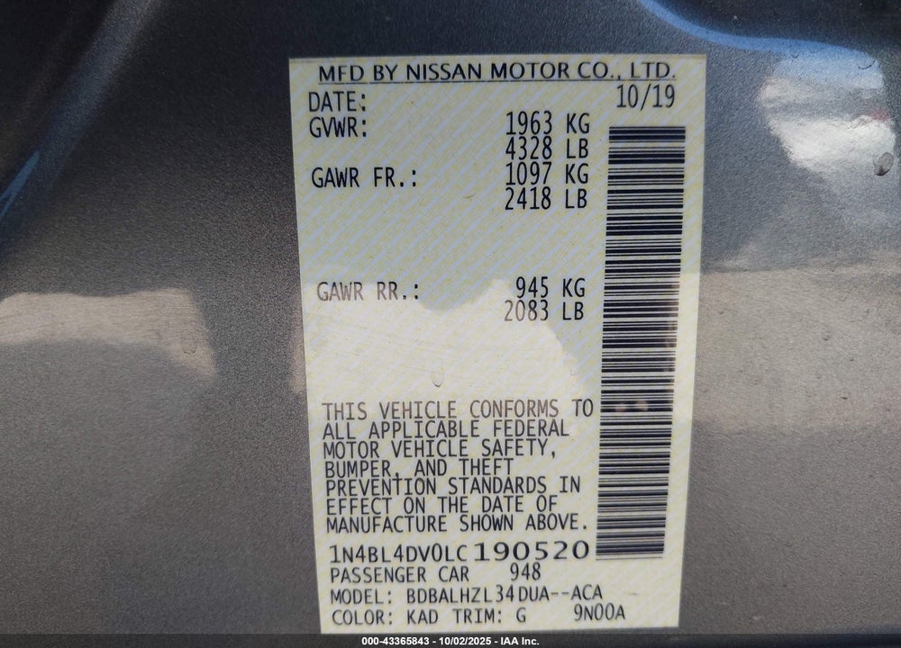 2020 NISSAN ALTIMA VIN: 1N4BL4DV0LC190520