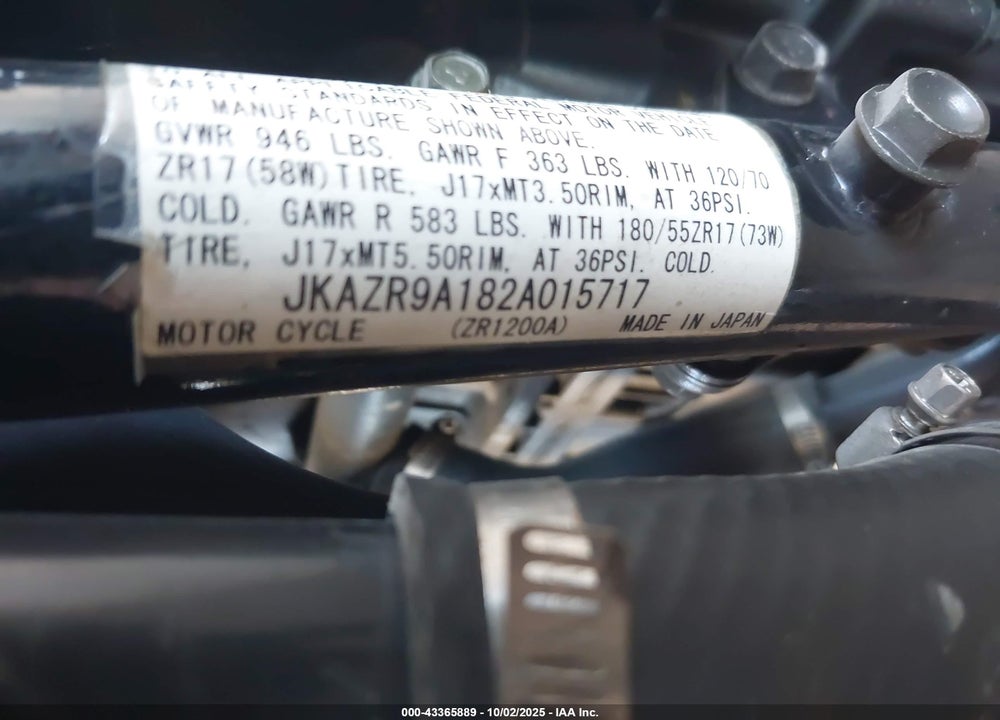 2002 KAWASAKI ZR1200 A VIN: JKAZR9A182A015717