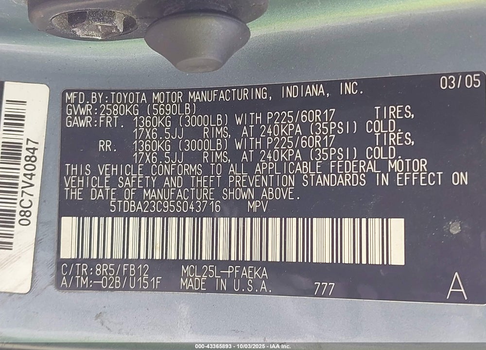 2005 TOYOTA SIENNA LE VIN: 5TDBA23C95S043716
