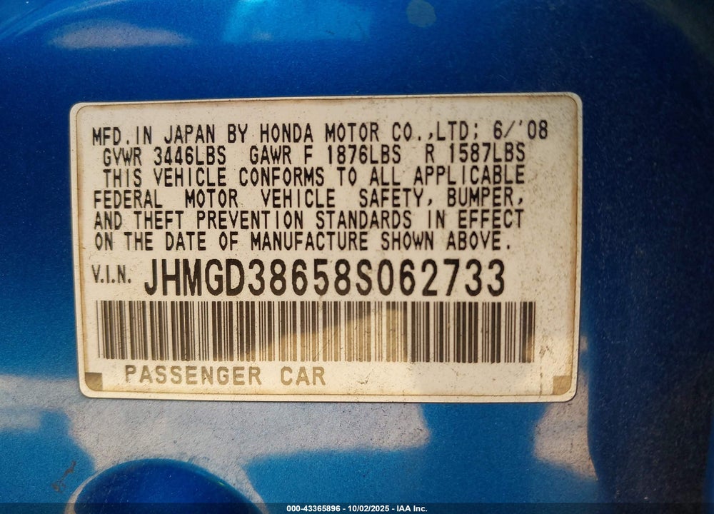 2008 HONDA FIT VIN: JHMGD38658S062733