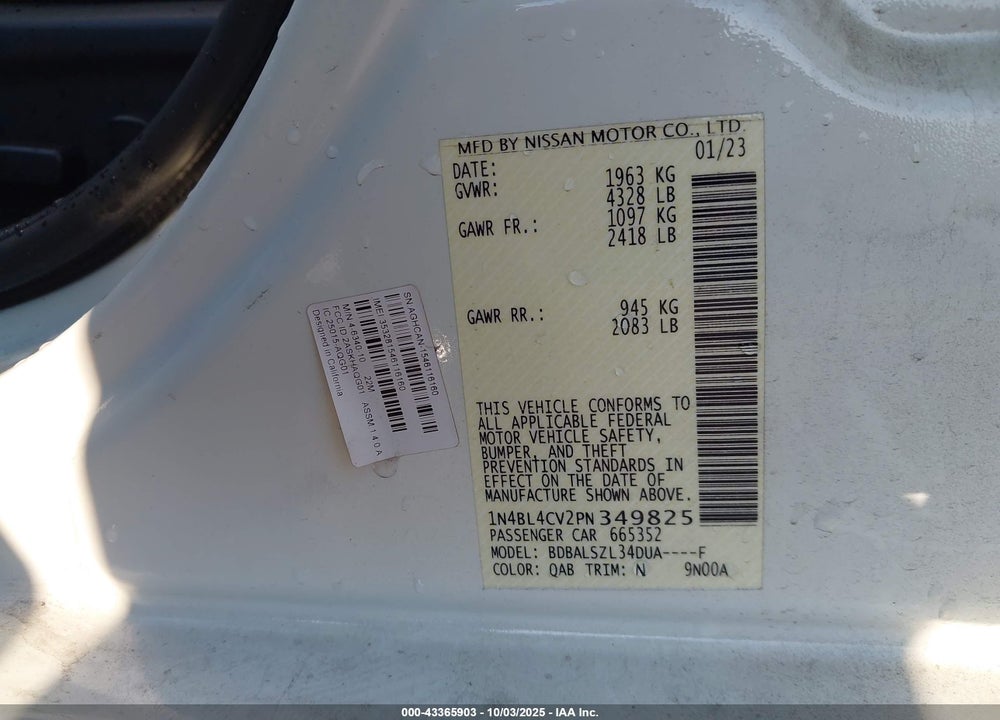 2023 NISSAN ALTIMA VIN: 1N4BL4CV2PN349825