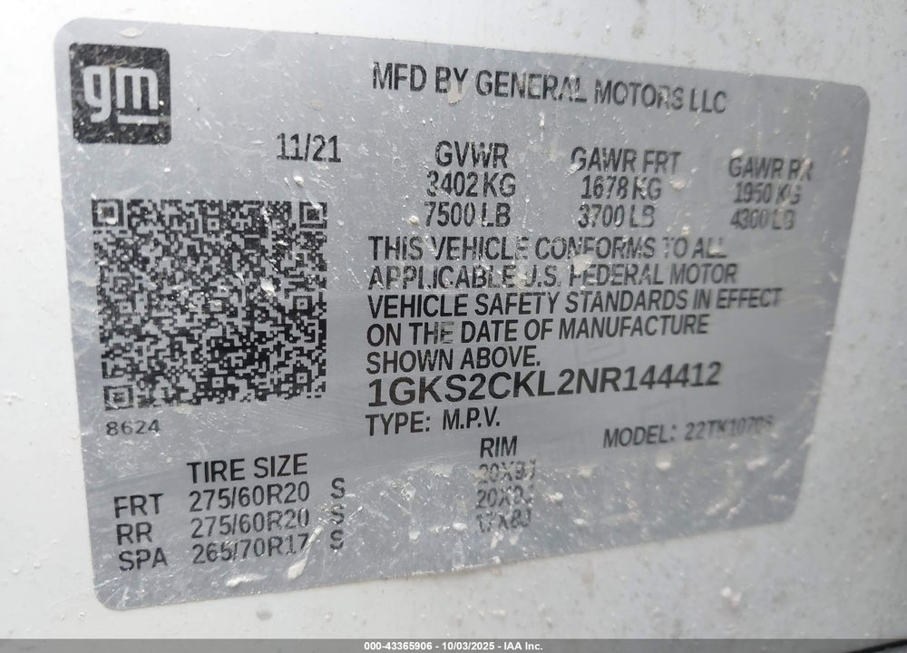 2022 GMC YUKON VIN: 1GKS2CKL2NR144412
