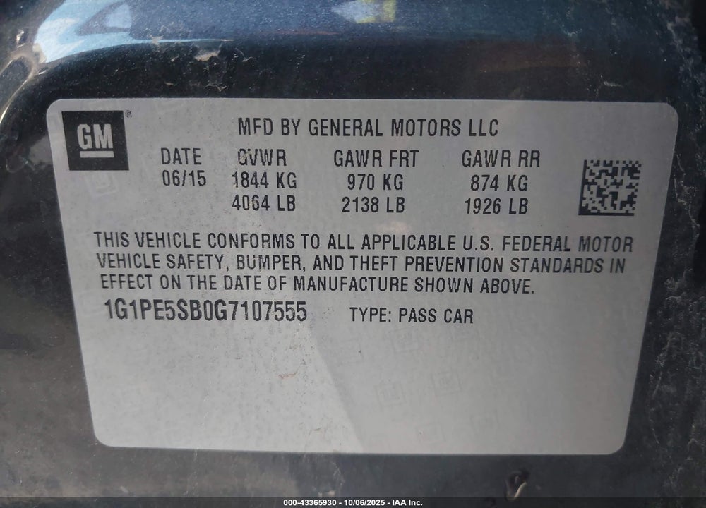 2016 CHEVROLET CRUZE LIMITED 1LT AUTO VIN: 1G1PE5SB0G7107555