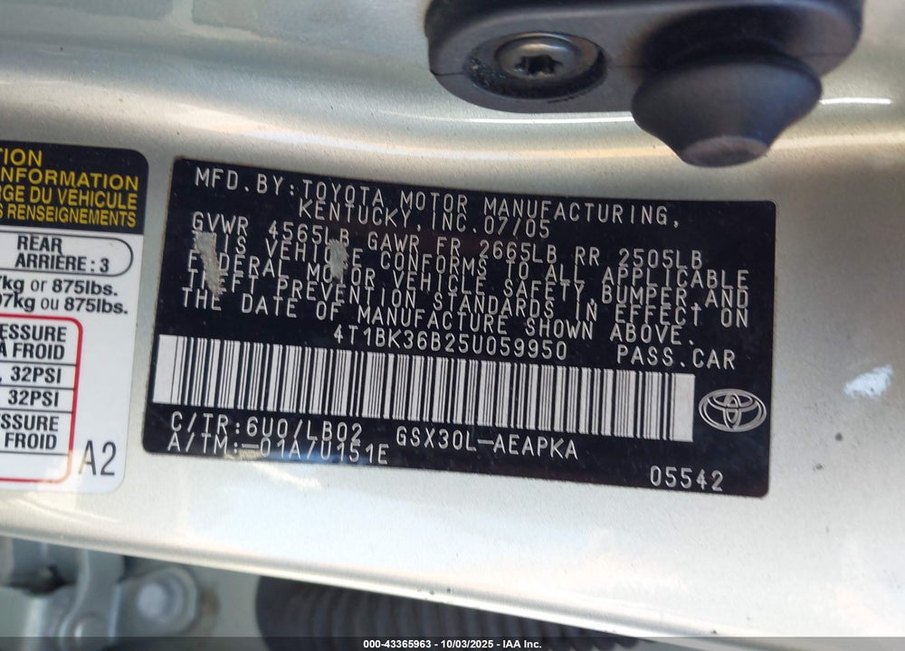 2005 TOYOTA AVALON LIMITED VIN: 4T1BK36B25U059950
