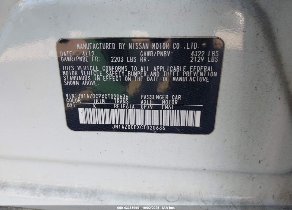 2012 NISSAN LEAF VIN: JN1AZ0CPXCT020636