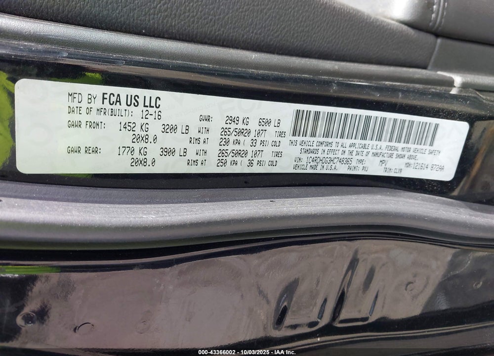 2017 DODGE DURANGO VIN: 1C4RDHDG3HC748365