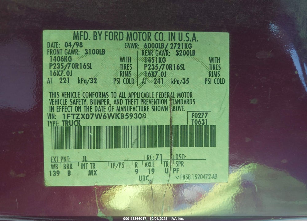 1998 FORD F-150 LARIAT/XL/XLT VIN: 1FTZX07W6WKB59308