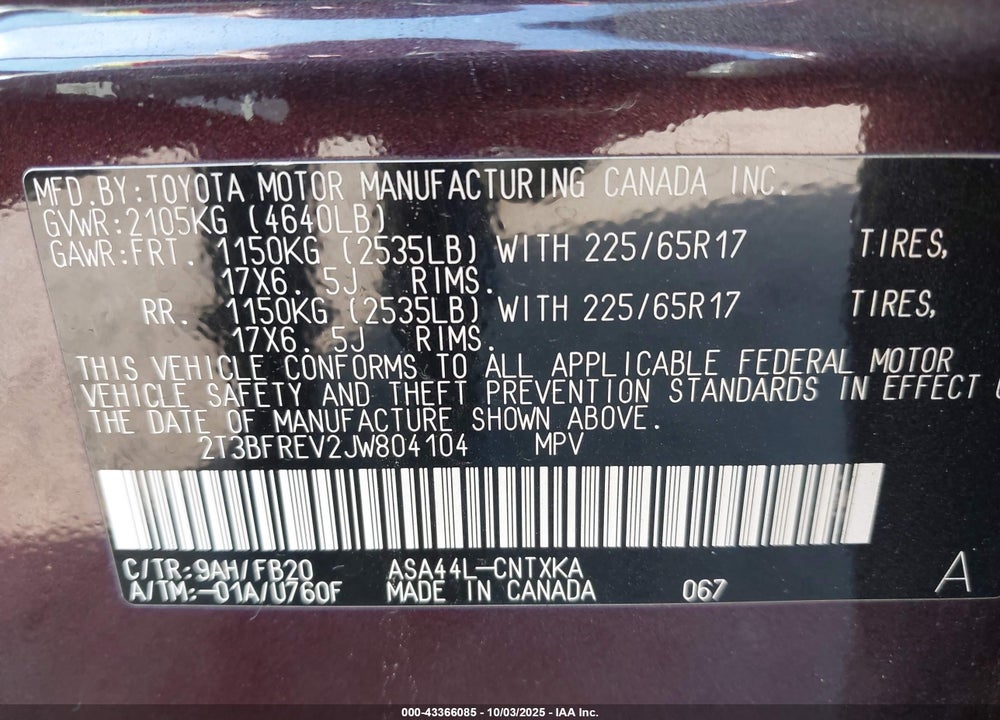 2018 TOYOTA RAV4 LE VIN: 2T3BFREV2JW804104