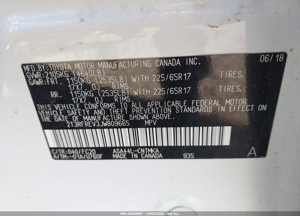2018 TOYOTA RAV4 VIN: 2T3RFREV3JW809665
