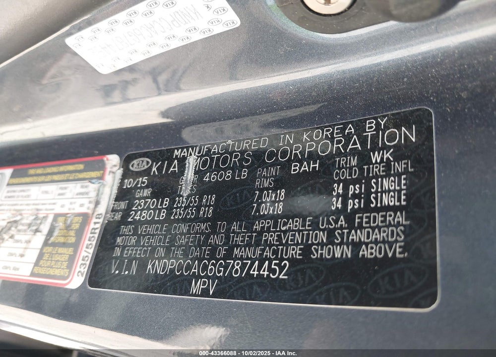 2016 KIA SPORTAGE VIN: KNDPCCAC6G7874452