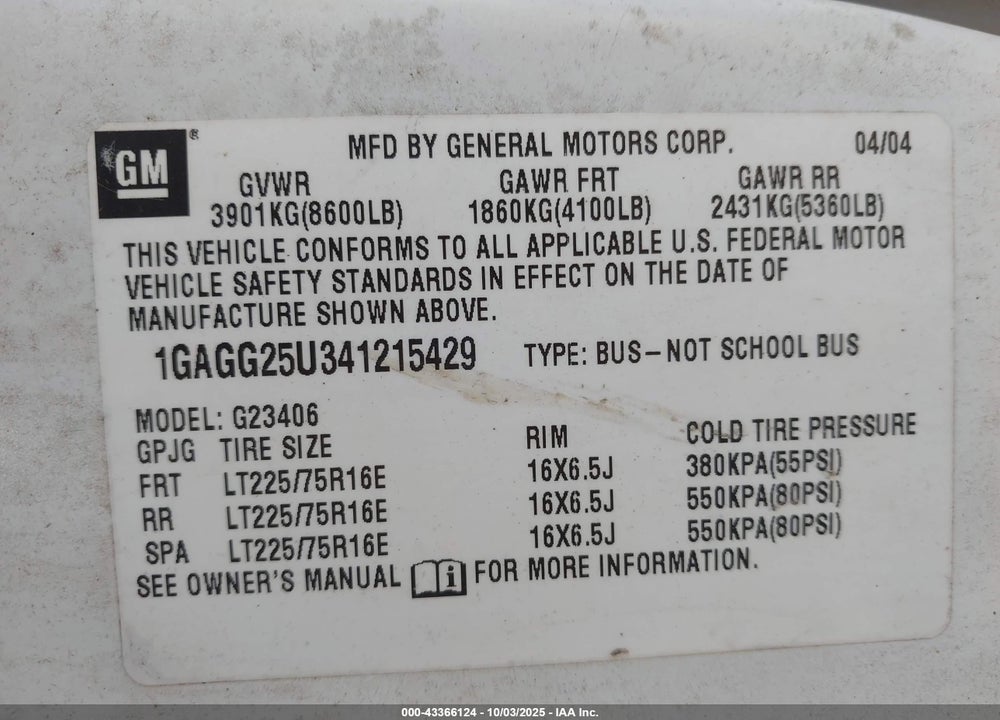 2004 CHEVROLET EXPRESS VIN: 1GAGG25U341215429