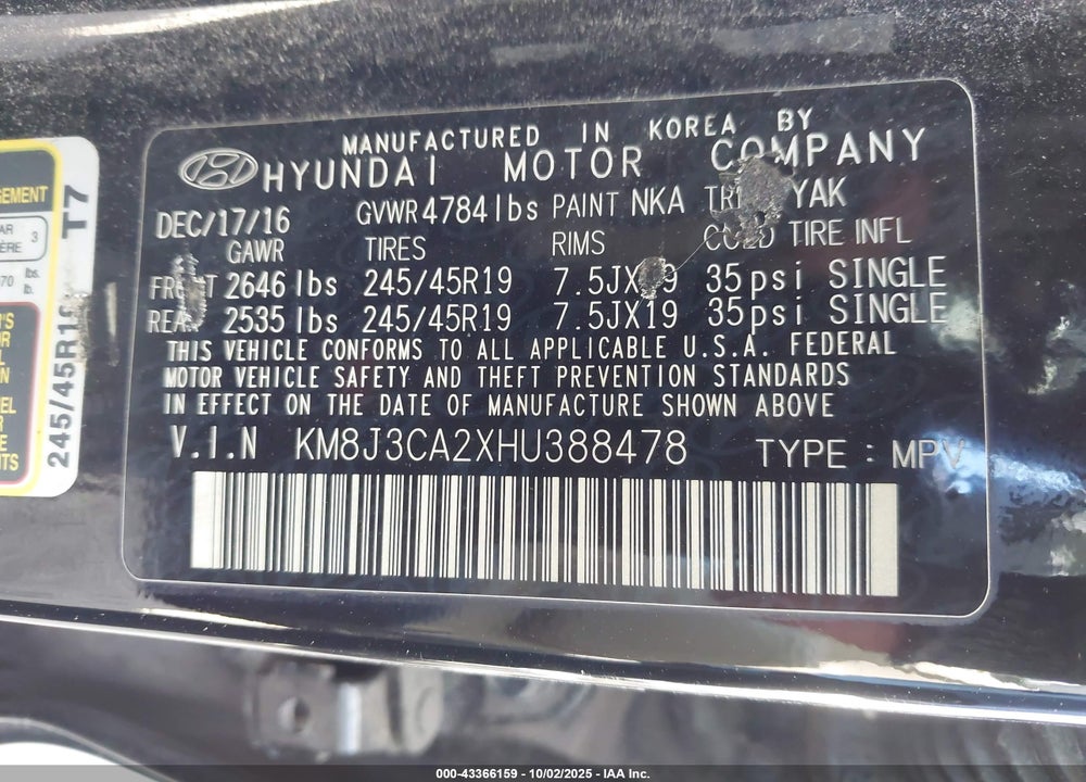 2017 HYUNDAI TUCSON VIN: KM8J3CA2XHU388478