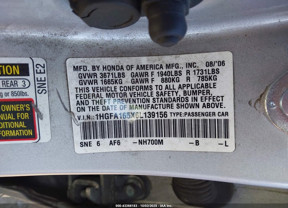 2006 HONDA CIVIC LX VIN: 1HGFA165X6L139156
