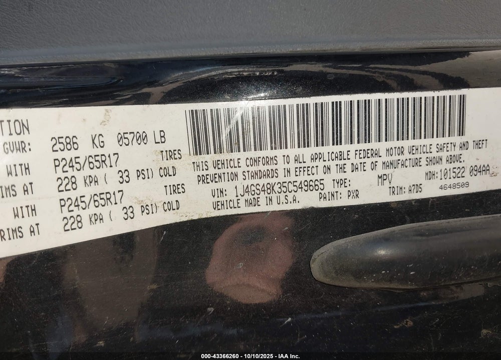 2005 JEEP GRAND CHEROKEE VIN: 1J4GS48K35C549665
