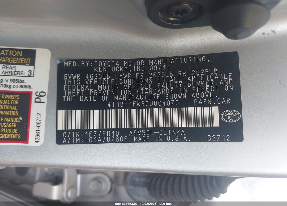 2012 TOYOTA CAMRY LE VIN: 4T1BF1FK8CU004070