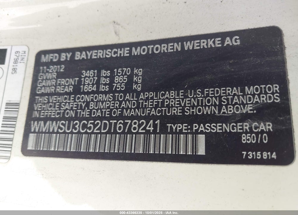 2013 MINI HARDTOP COOPER VIN: WMWSU3C52DT678241