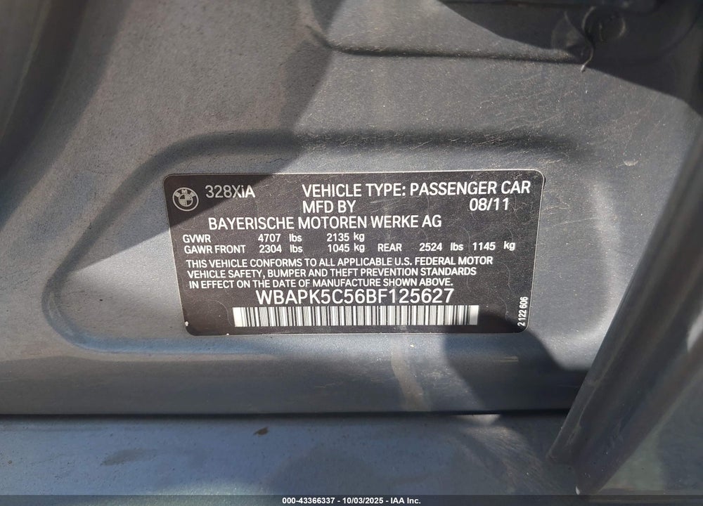2011 BMW 3 SERIES VIN: WBAPK5C56BF125627