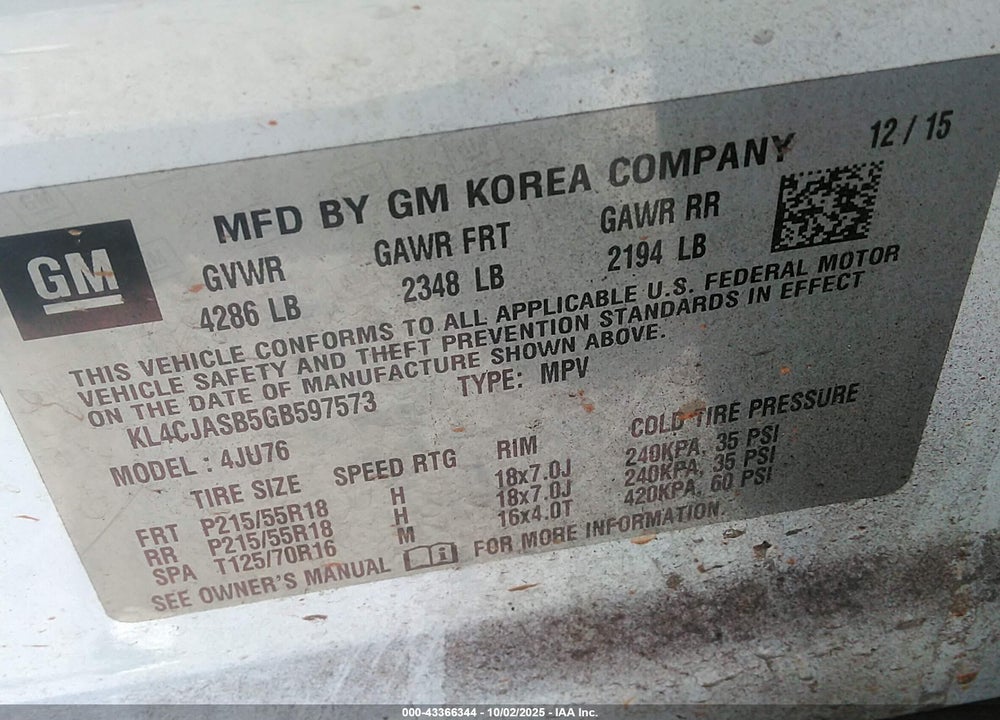 2016 BUICK ENCORE VIN: KL4CJASB5GB597573