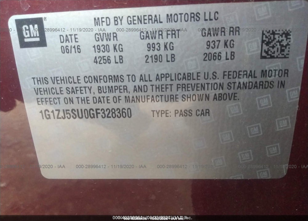 2016 CHEVROLET MALIBU VIN: 1G1ZJ5SU0GF328360