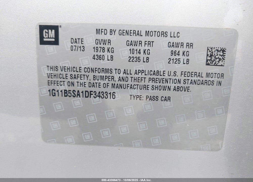 2013 CHEVROLET MALIBU VIN: 1G11B5SA1DF343316