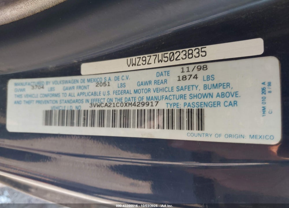 1999 VOLKSWAGEN NEW BEETLE GLS VIN: 3VWCA21C0XM429917