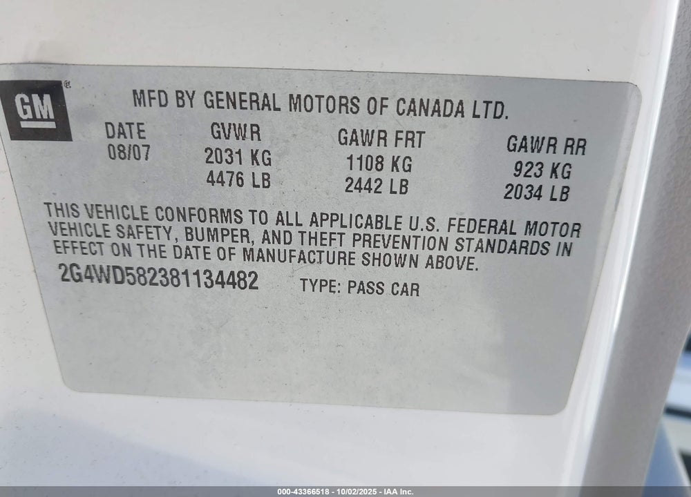 2008 BUICK LACROSSE VIN: 2G4WD582381134482
