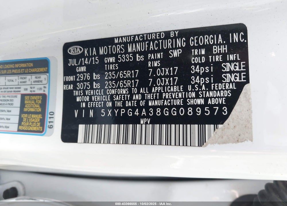 2016 KIA SORENTO 2.4L LX VIN: 5XYPG4A38GG089573