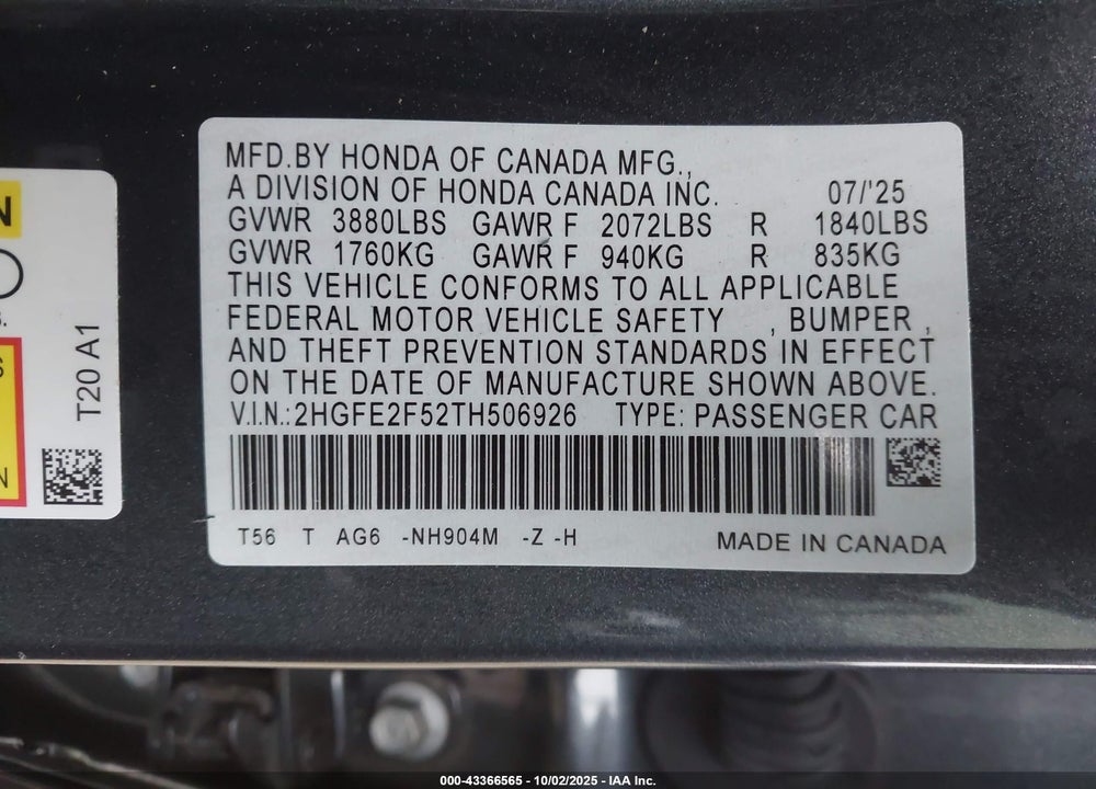 2026 HONDA CIVIC VIN: 2HGFE2F52TH506926