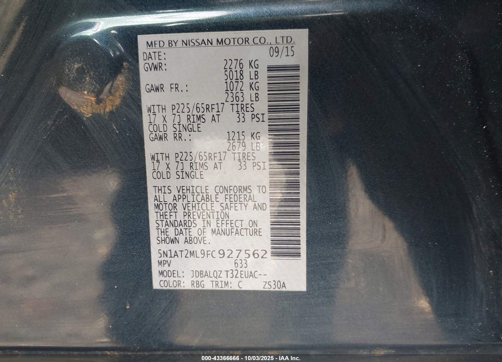 2015 NISSAN ROGUE SV VIN: 5N1AT2ML9FC927562