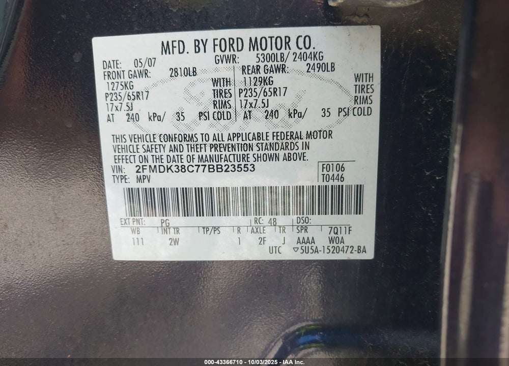2007 FORD EDGE VIN: 2FMDK38C77BB23553