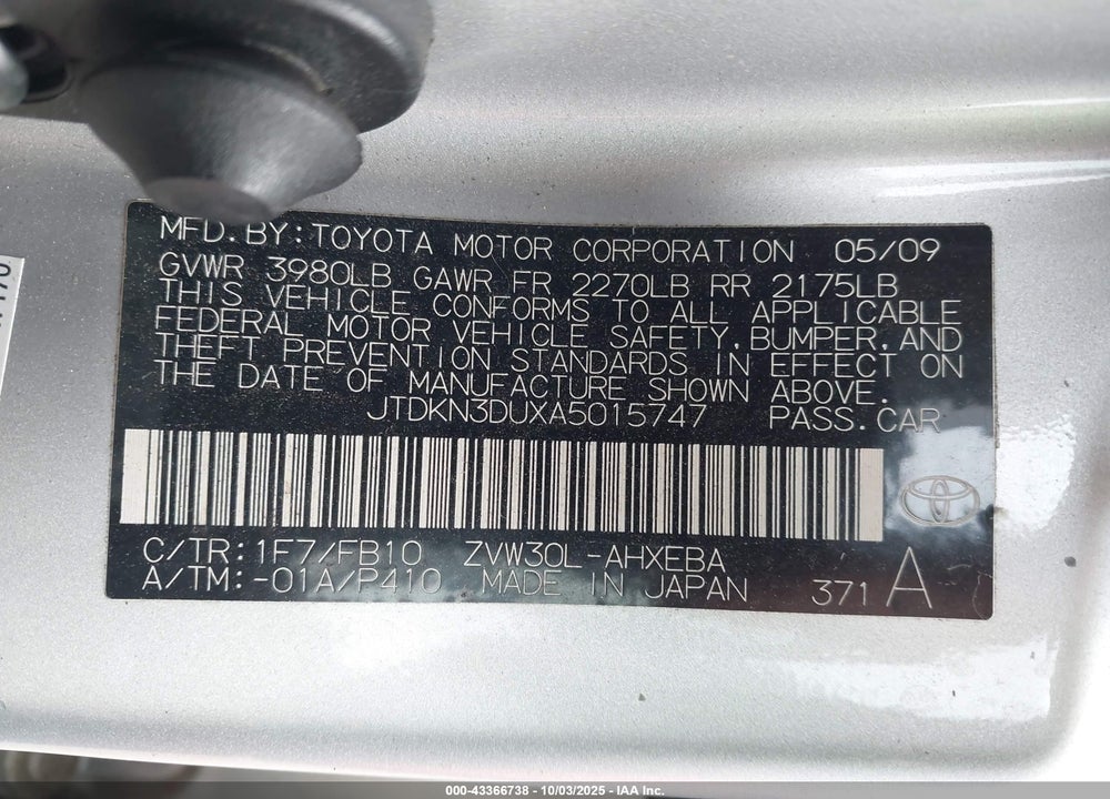 2010 TOYOTA PRIUS VIN: JTDKN3DUXA5015747