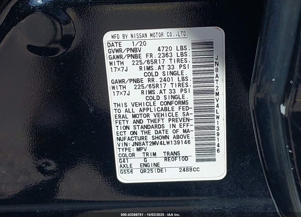 2020 NISSAN ROGUE VIN: JN8AT2MV4LW139146