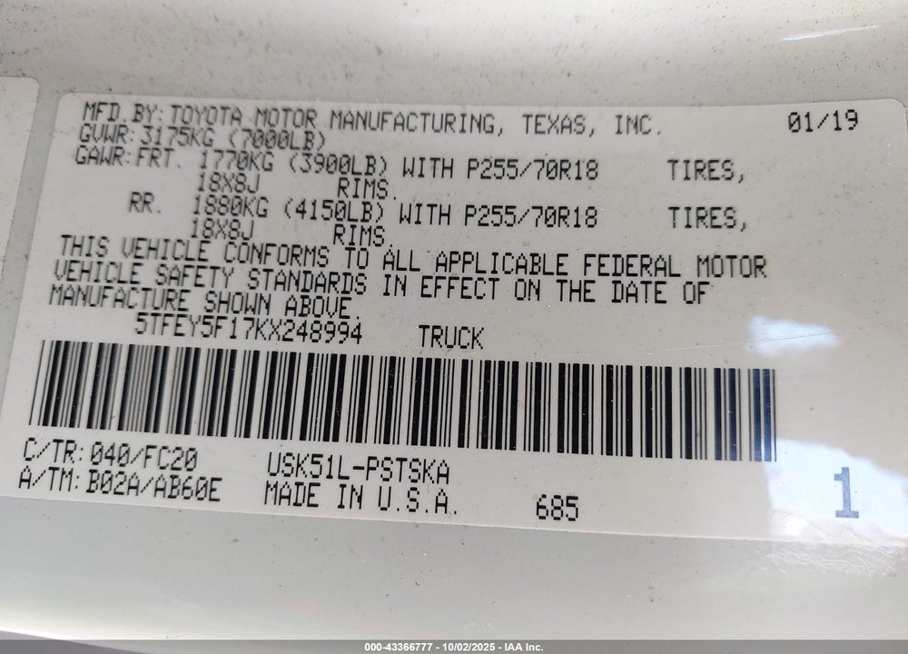 2019 TOYOTA TUNDRA SR5 5.7L V8 VIN: 5TFEY5F17KX248994