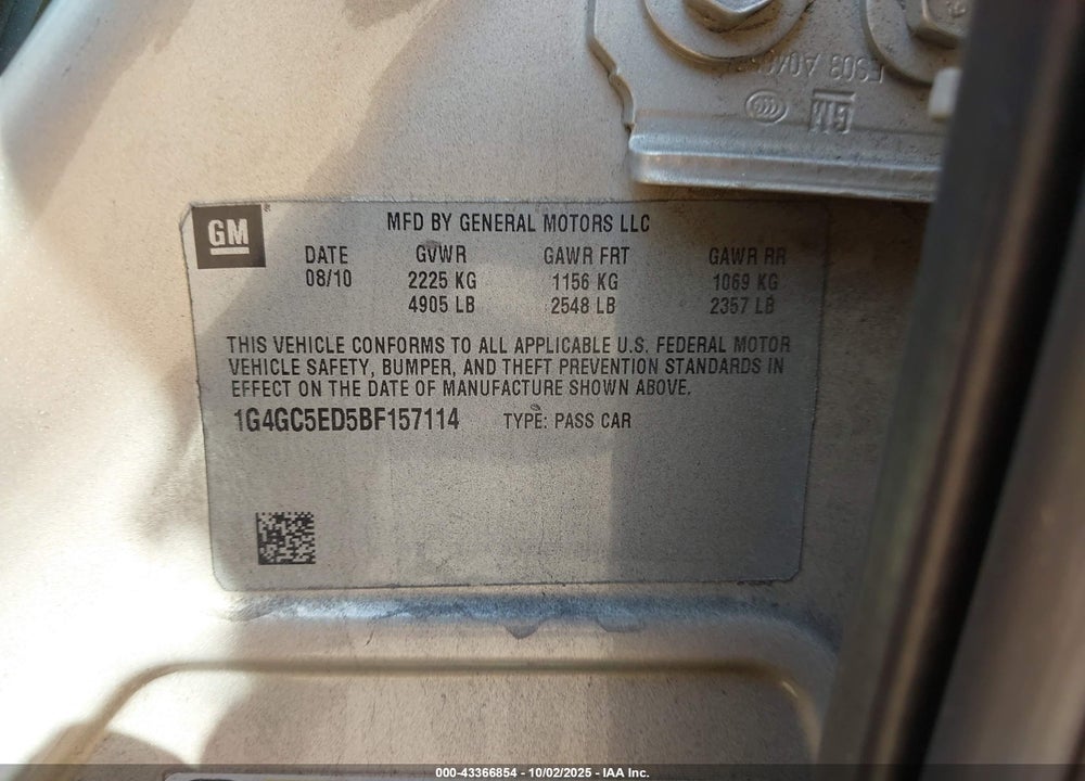 2011 BUICK LACROSSE VIN: 1G4GC5ED5BF157114