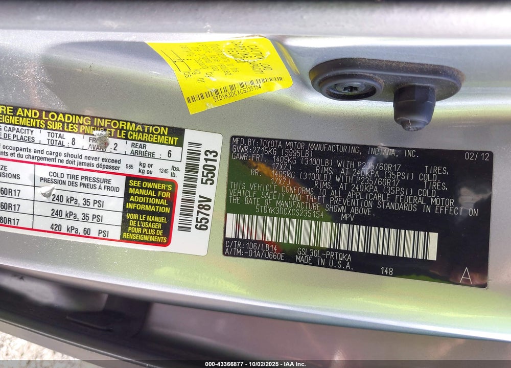 2012 TOYOTA SIENNA XLE V6 8 PASSENGER VIN: 5TDYK3DCXCS235154