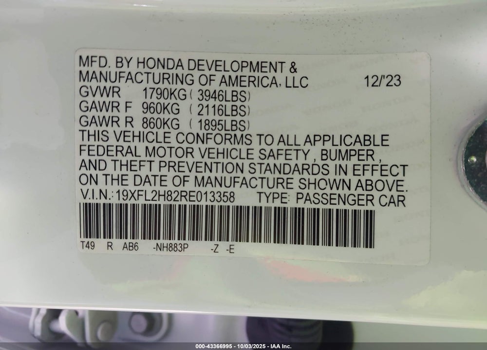 2024 HONDA CIVIC SPORT VIN: 19XFL2H82RE013358