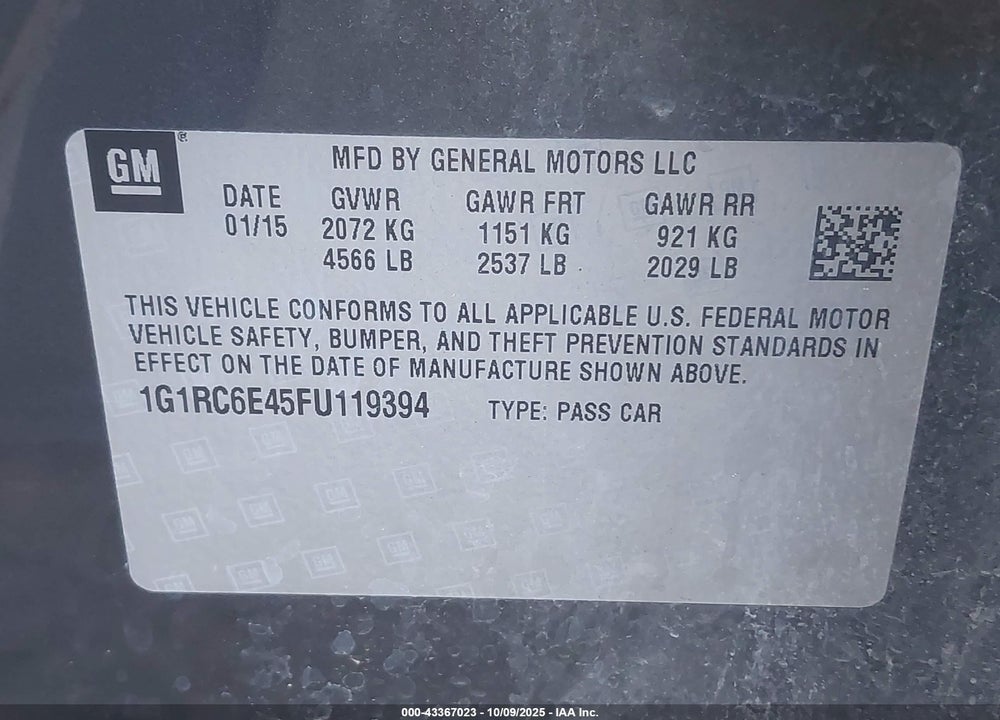 2015 CHEVROLET VOLT VIN: 1G1RC6E45FU119394