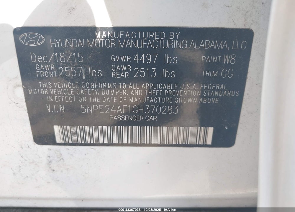 2016 HYUNDAI SONATA VIN: 5NPE24AF1GH370283