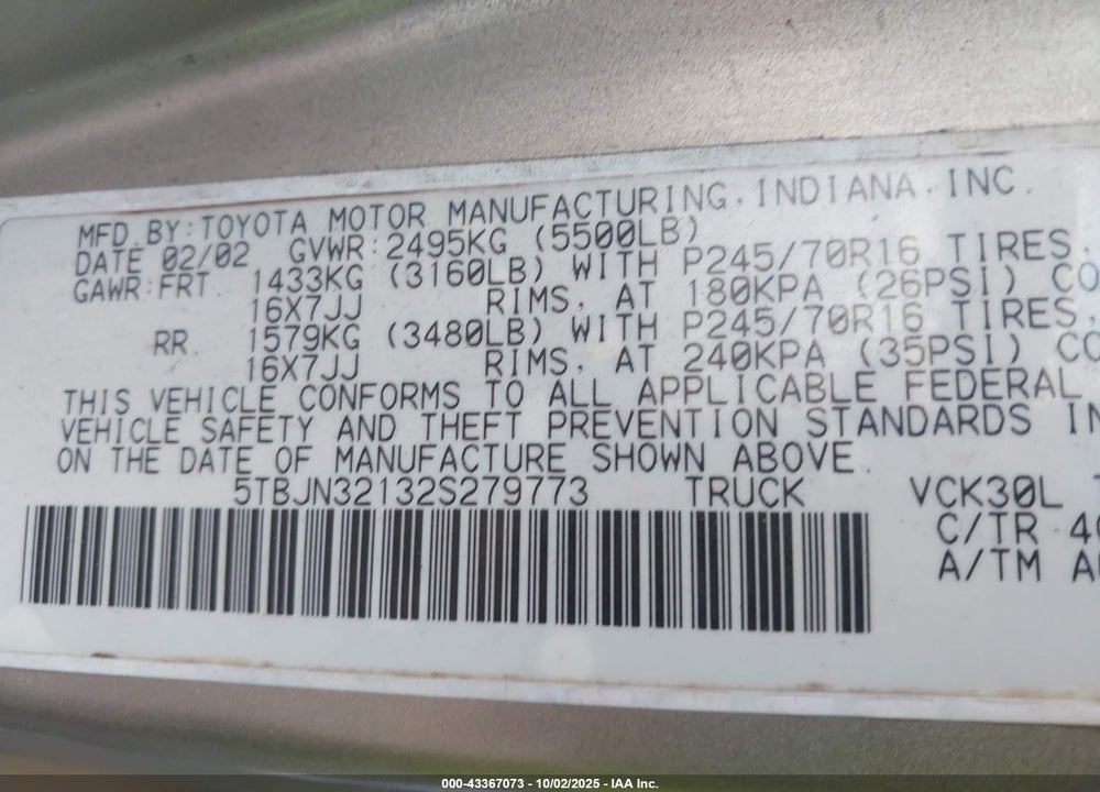 2002 TOYOTA TUNDRA VIN: 5TBJN32132S279773