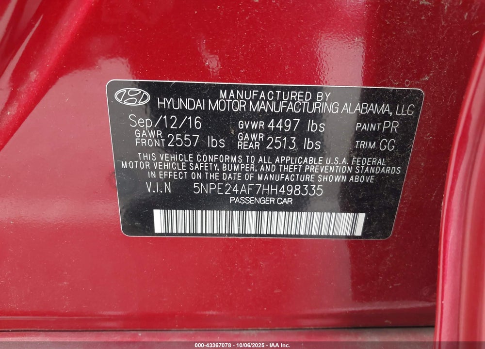 2017 HYUNDAI SONATA SE VIN: 5NPE24AF7HH498335