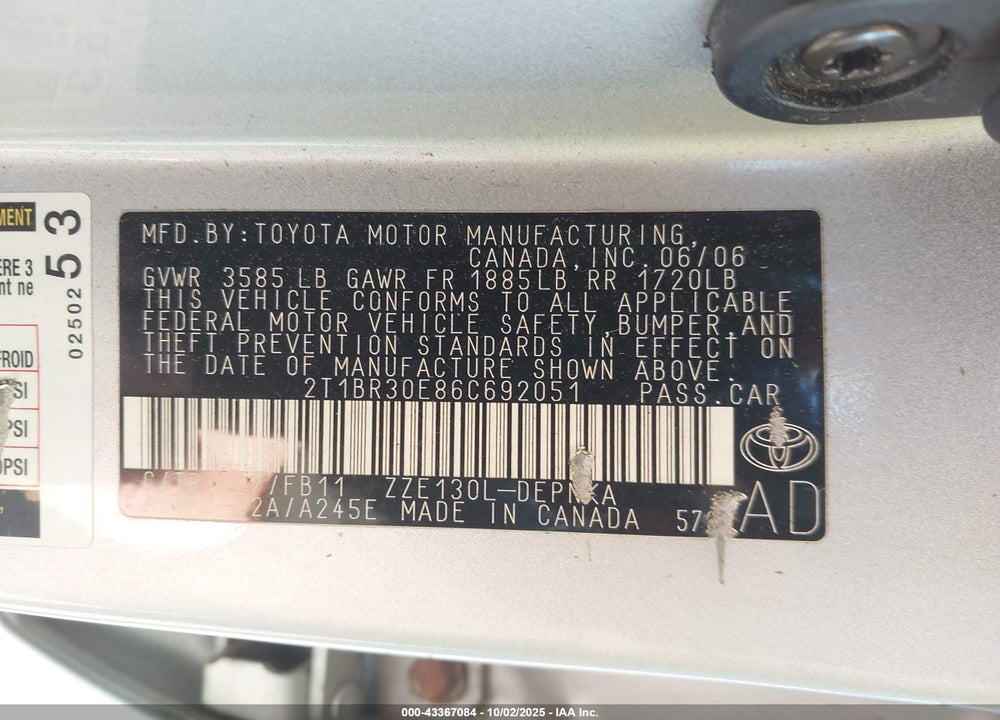 2006 TOYOTA COROLLA LE VIN: 2T1BR30E86C692051